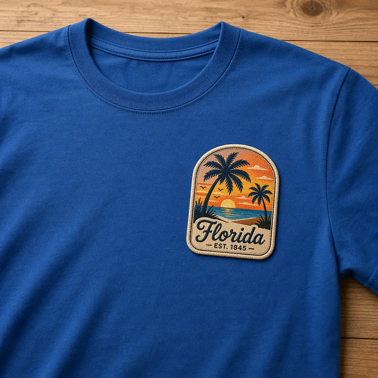 Heat pressed emblem or patch applied to custom apparel